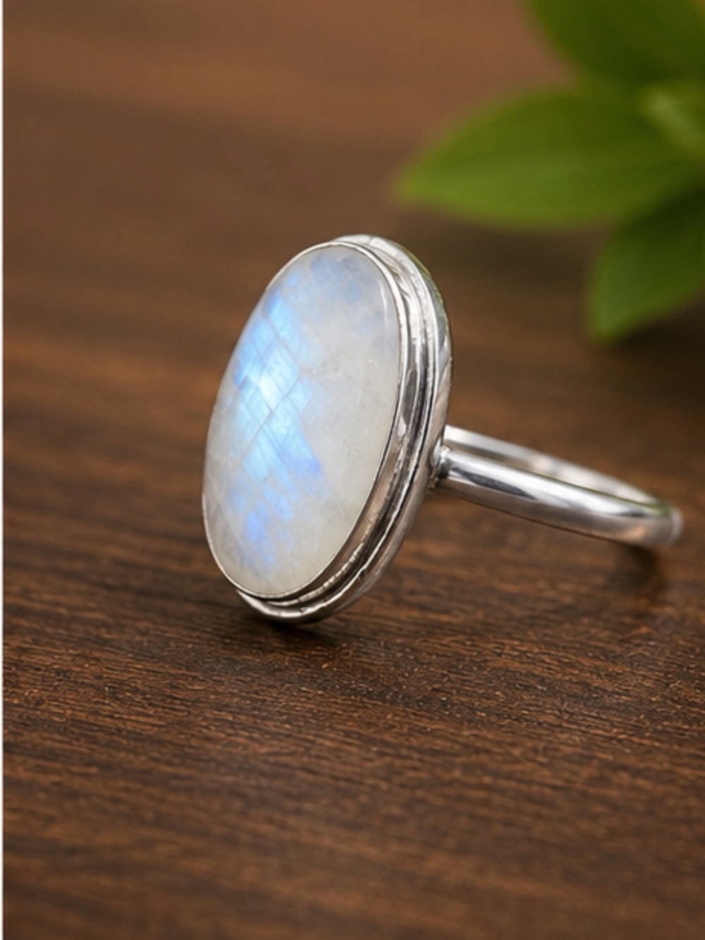 Sterling Silver Moonstone Oval Ring in Iridescent White